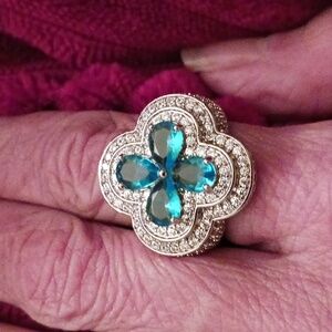 New!Deep teal,clover, encrusted in clear pave ,cz.,silver plate